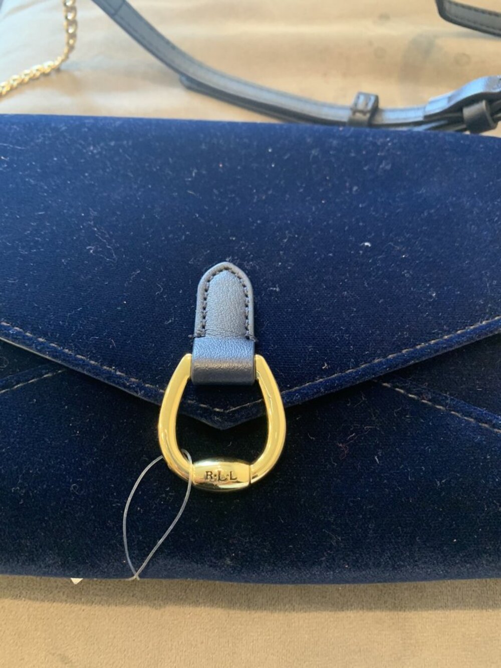 Ralph Lauren Bennington Purse Gold Navy Blue Velvet Clutch Chain Bag